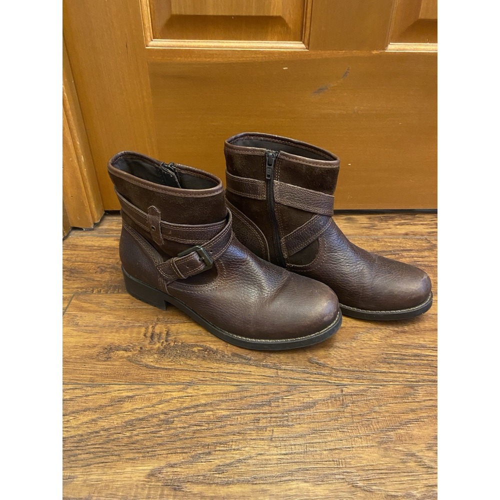 Women's Fat Face Leather Brown Buckle Biker Ankle Boots Booties Fall